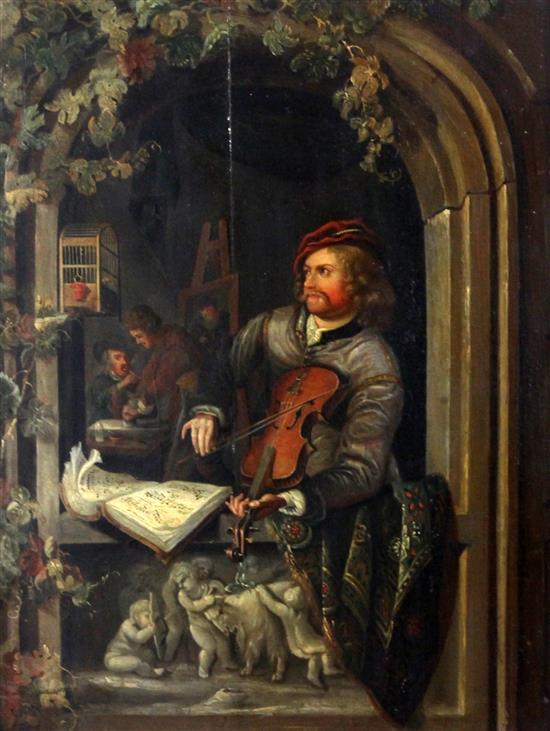 Van Jol Violinist in an archway, an artist beyond 13.5 x 10.5in.